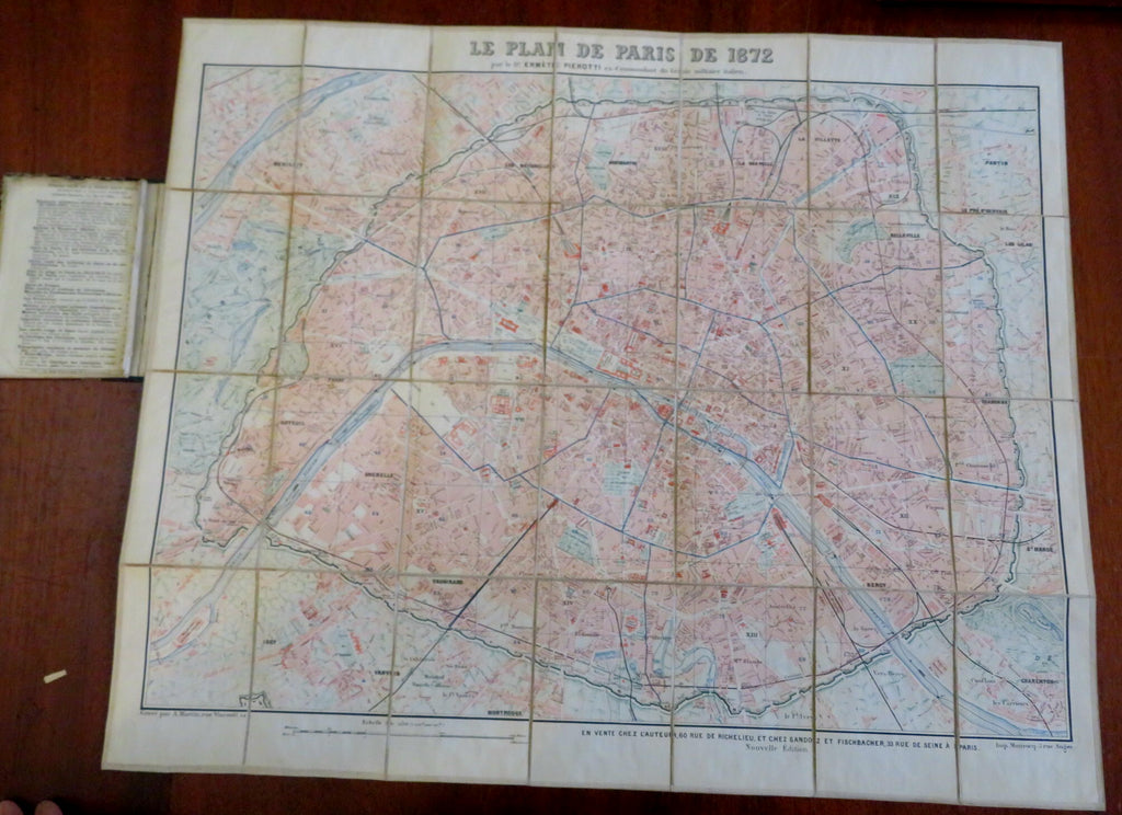 Paris city plan 1872 Dr. Pierotti Italian scarce color lithographed map w/ Index