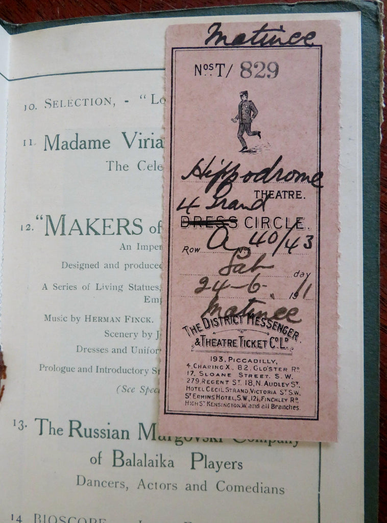 London Hippodrome Theatre Program 1911 illustrated booklet w/ admission ticket
