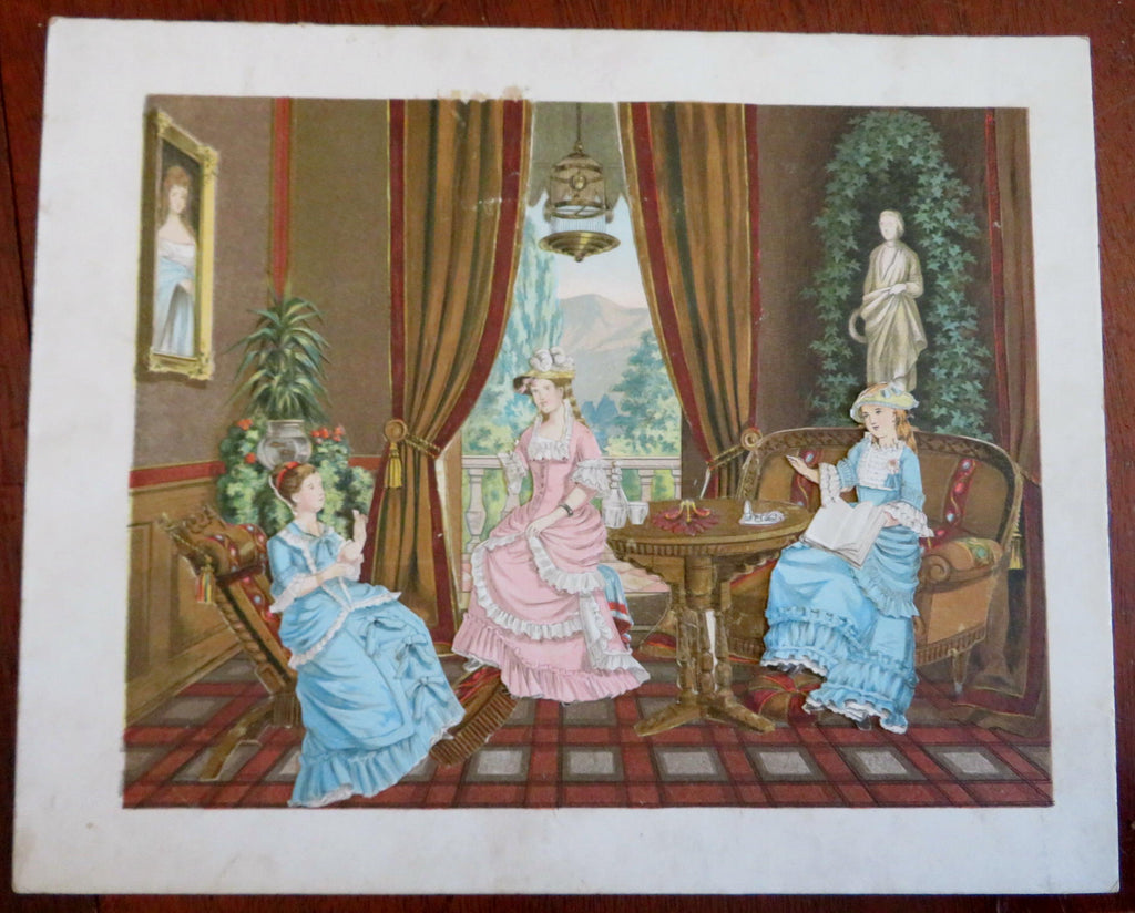 Women at Tea Time Fashion Costume Bird Cage Statue 1880s Paper Doll Print scene