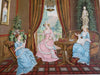 Women at Tea Time Fashion Costume Bird Cage Statue 1880s Paper Doll Print scene