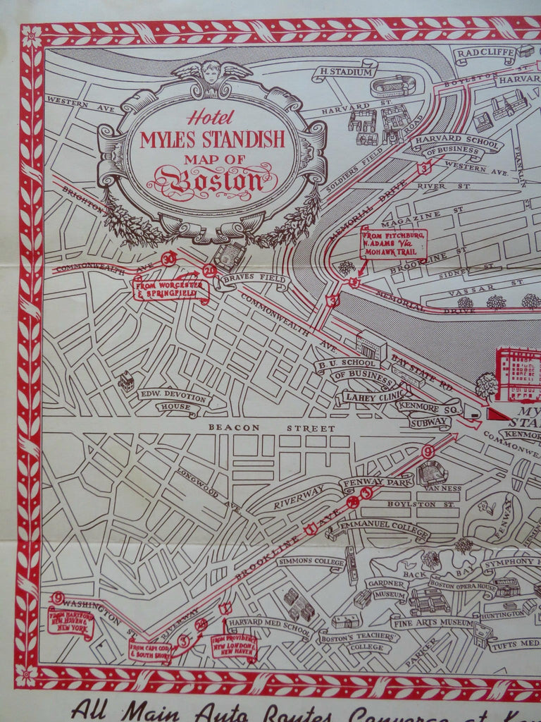 Boston Mass. Hotel Myles Standish c. 1940's cartoon pictorial city plan map