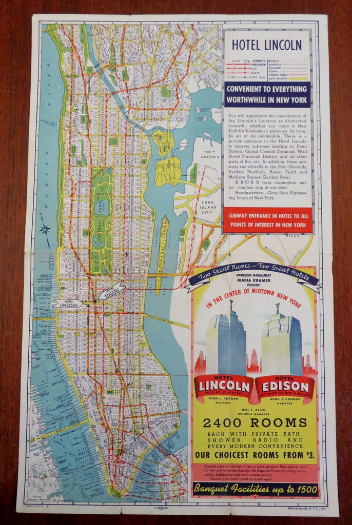 Hotel Lincoln New York City Manhattan map 1941 advertising city plan brochure