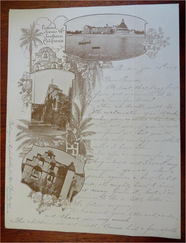 Pasadena Southern California 1917 pictorial letter sheet Missions Coronado Beach