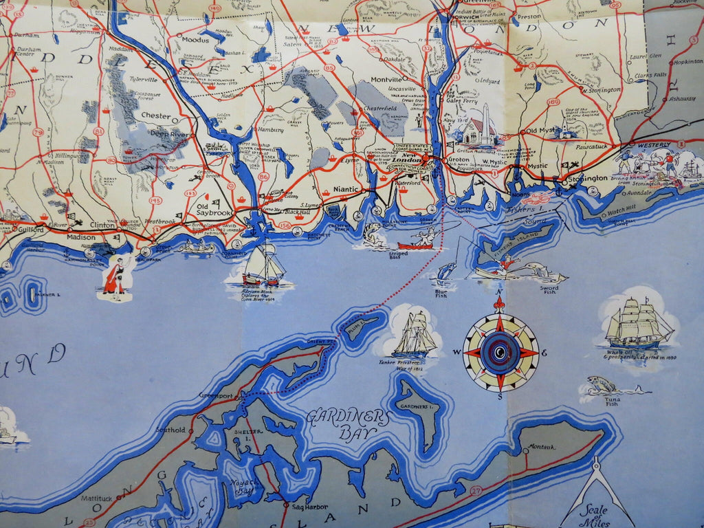 Connecticut Recreation Tourism Golfing Fishing 1935 cartoon pictorial map promo