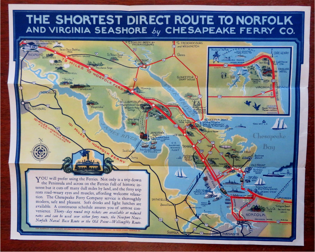 Virginia Beach & Norfolk Virginia c. 1940's cartoon pictorial souvenir map