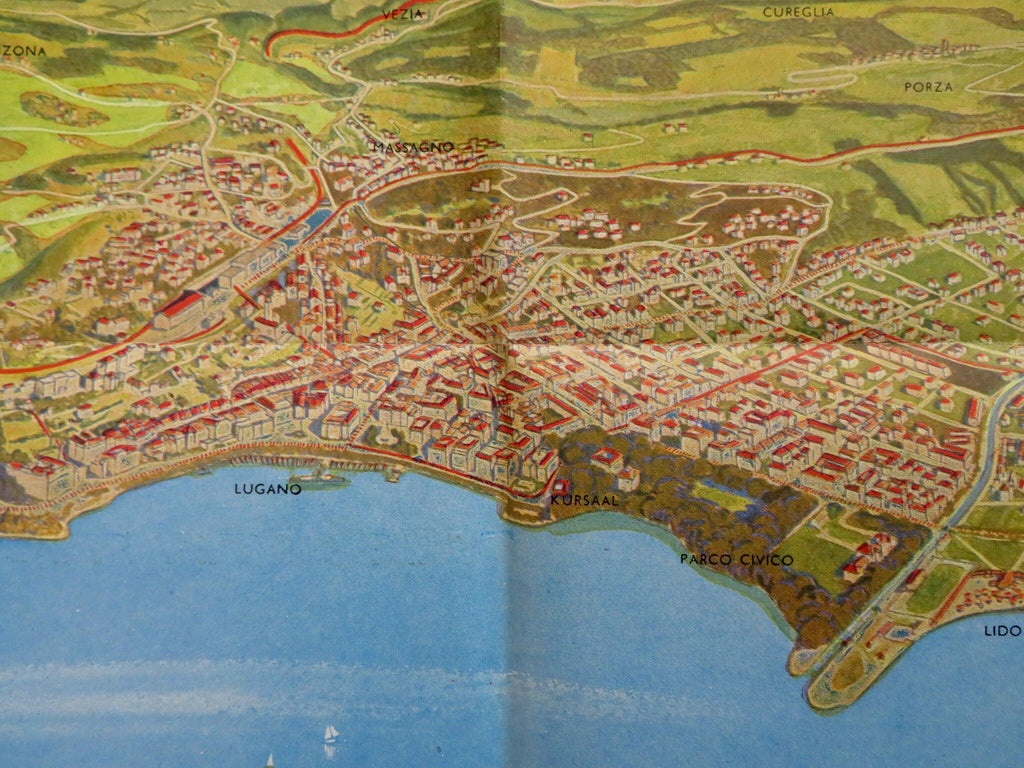 Lugano Switzerland Swiss Riviera c.1950's large nice bird's eye view North Italy