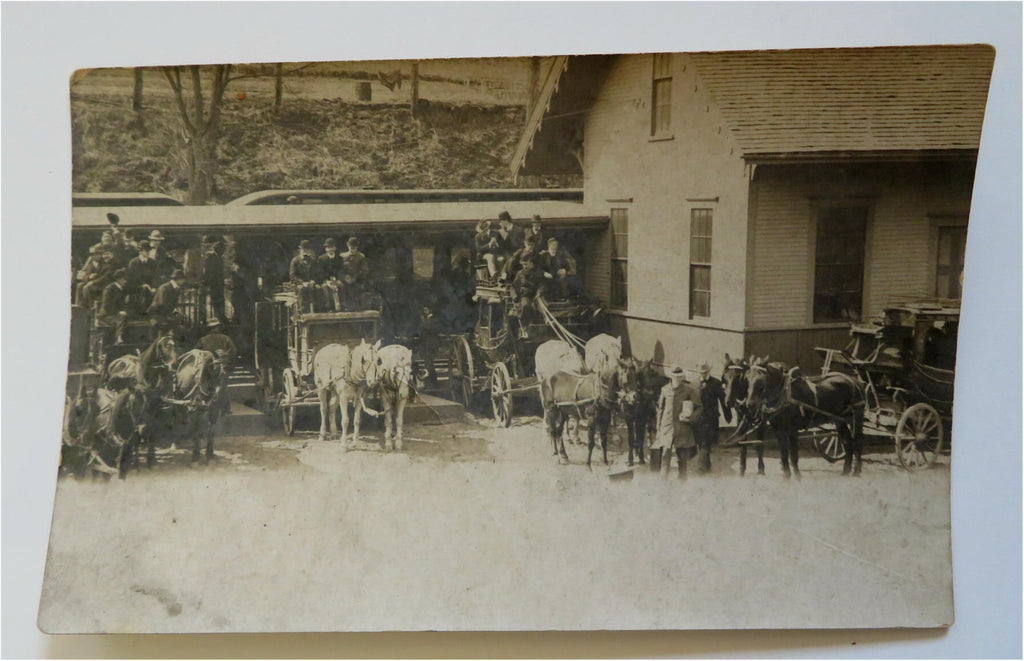 Horse Drawn Carriages Train Station Tamworth NH ? c. 1900 Real Photo Postcard