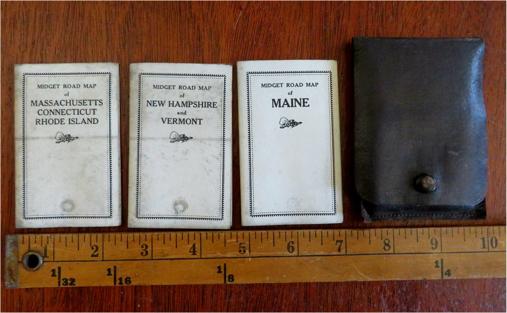 New England Road Auto maps c. 1930's set x 3 miniature folding maps w/ case