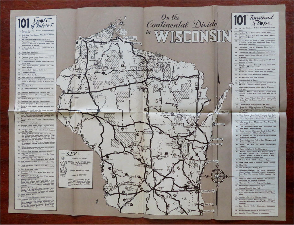 Wisconsin Tourist Info 101 Sightseeing Locations c. 1930 large folding map