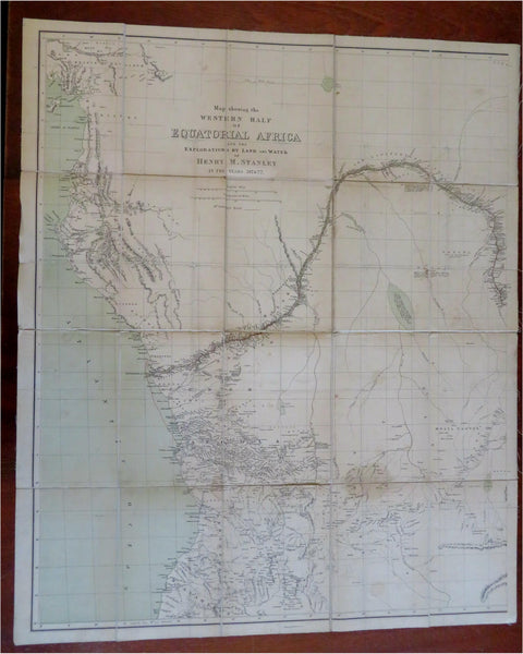 Western Africa Angola Congo- Stanley Expedition c. 1878 scarce linen backed map