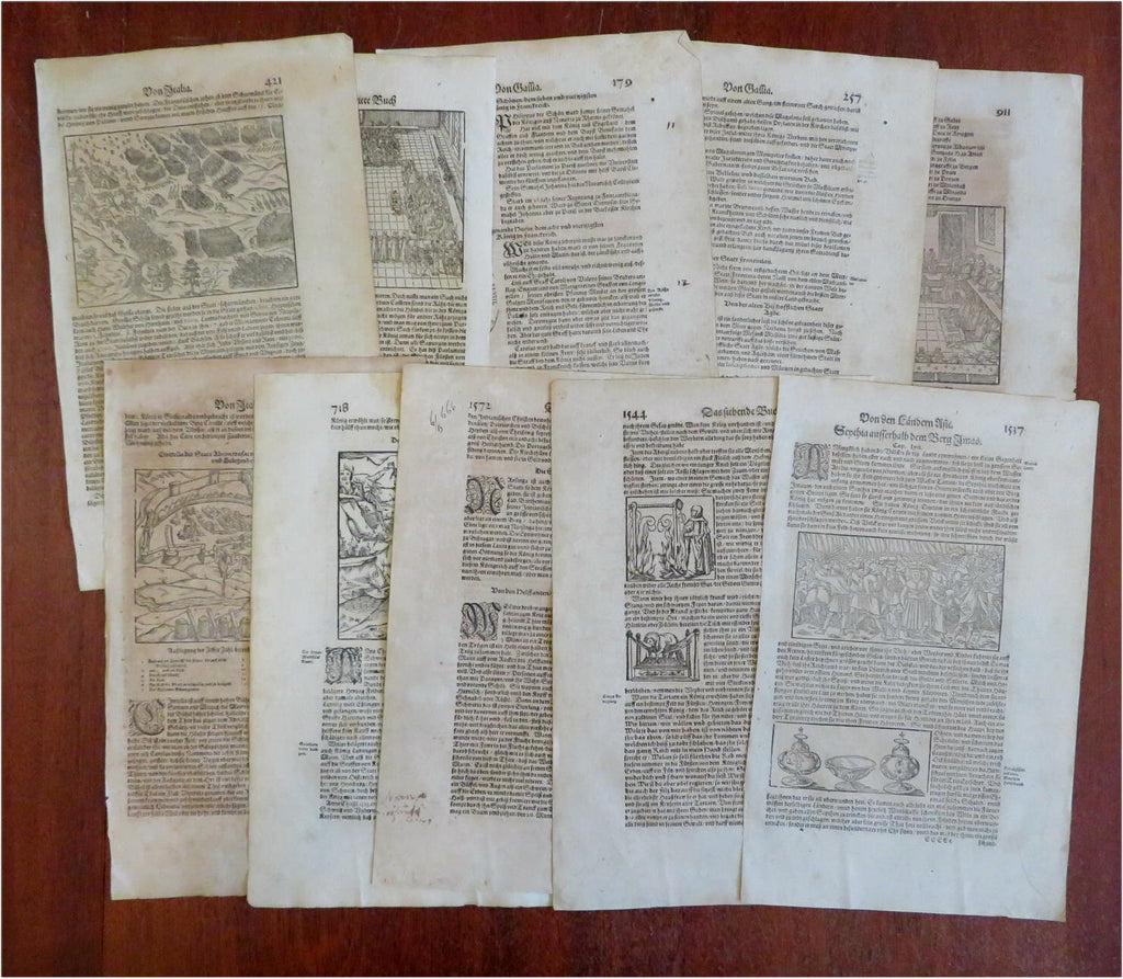 Munster Cosmography Lot x 10 Decorative Pages French Kings Grapes c. 1630 prints