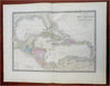 Caribbean Sea Cuba Jamaica Bahamas 1875 Brue large detailed map hand color