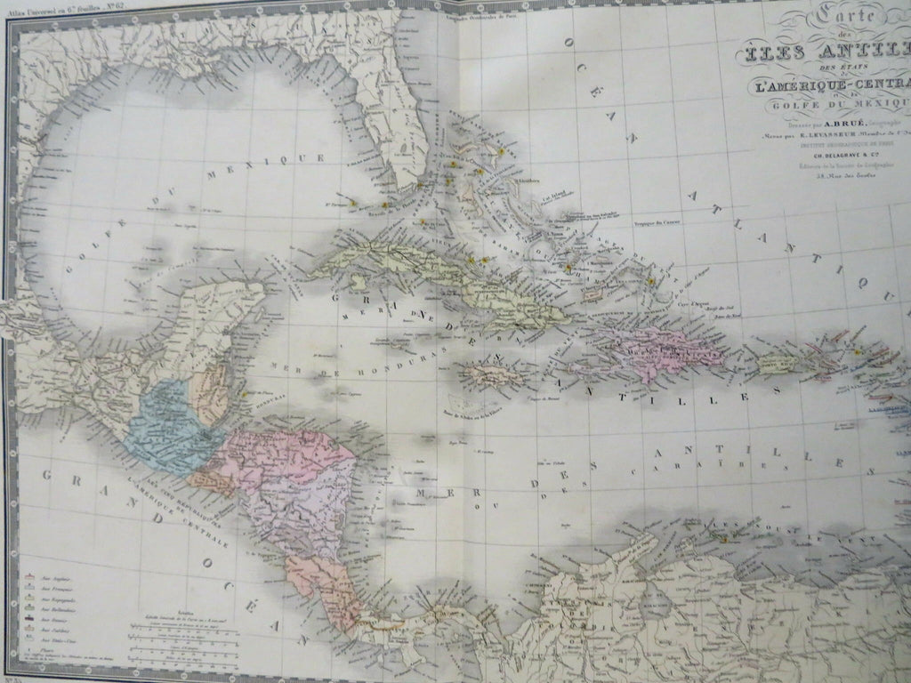 Caribbean Sea Cuba Jamaica Bahamas 1875 Brue large detailed map hand color