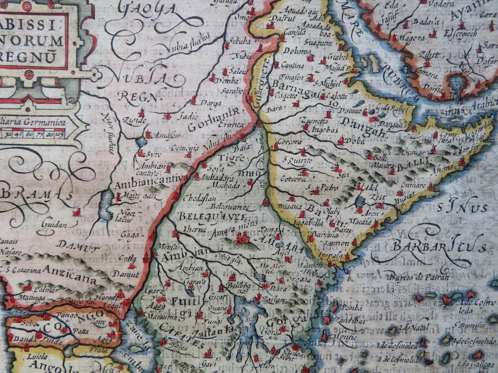 Abyssinian Empire East & Central Africa Red Sea c.1630s Hondius hand color map