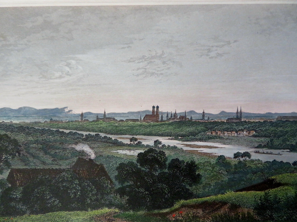 Munich Bavaria Germany Landscape City View c. 1850's miniature hand color print