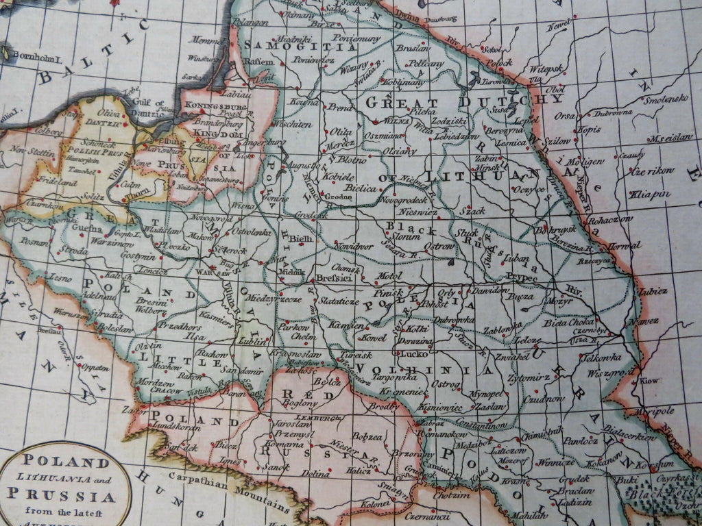 Great Dutchy Poland Lithuania Prussia Warsaw 1792 Kitchen hand colored map