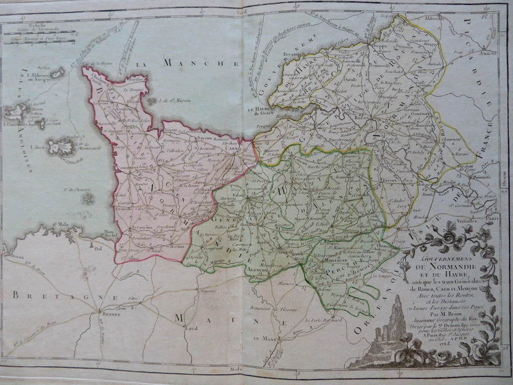 Normandy France Le Havre Caen Rouen Evreux 1783 Brion engraved map