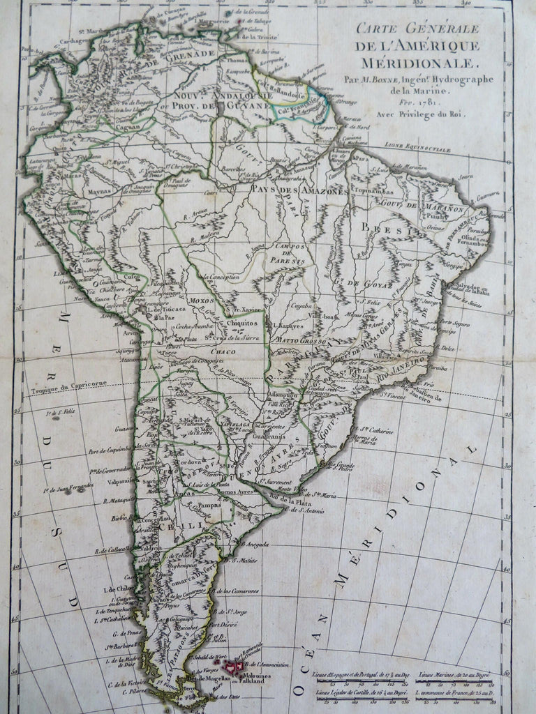 South America Brazil Peru Colombia Chile Patagonia Argentina 1781 Bonne map