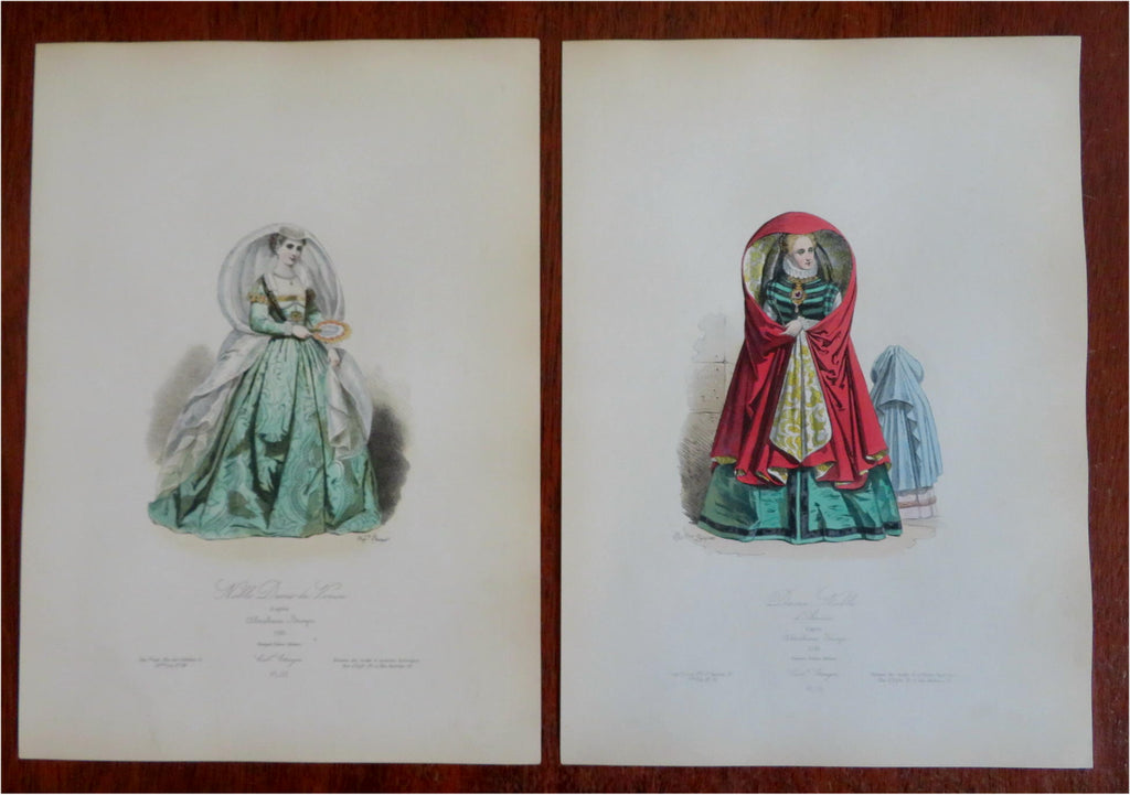 Antwerp & Venice Noblewomen 1840-60 Lot x 2 lovely hand color costume prints
