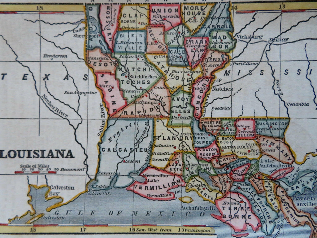 Louisiana state 1853 Ensign charming miniature hand color map