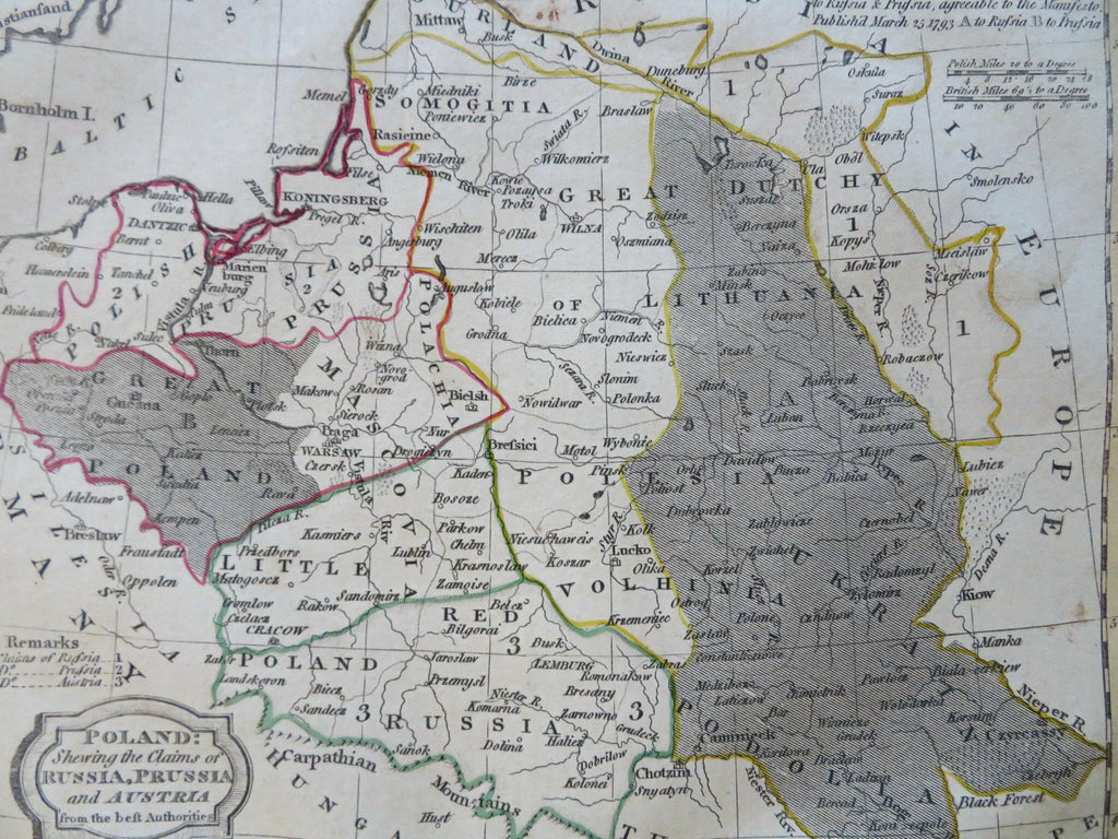 Poland Partition Prussia Austria Russia Lithuania 1807 Barlow old hand color map