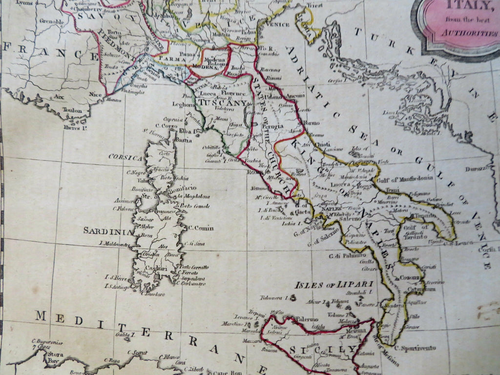 Italy Papal States Kingdom of Naples 1807 Brightly & Barlow old hand color Map
