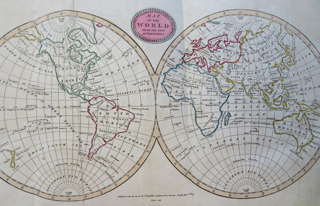 World Map in double hemispheres 1807 Barlow engraved hand color map