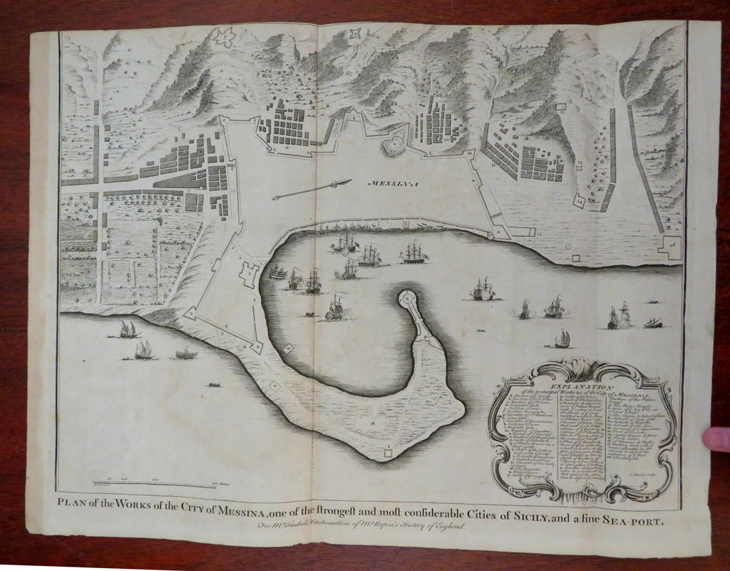 Messina Sicily Italy City & Harbor Plan c.1745 Basire large engraved battle map