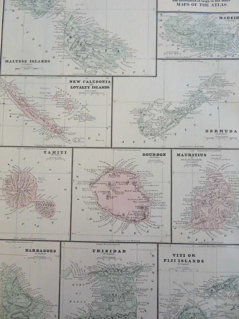 Islands of the World Malta Fiji Tahiti Bermuda Trinidad 1895 scarce Bradley map