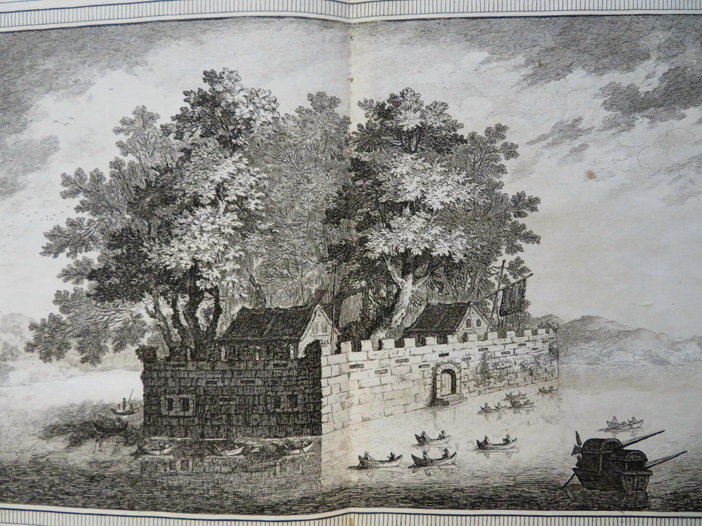 China Castle of Canton Floating Castle Rowboats 1749 Tardieu engraved print