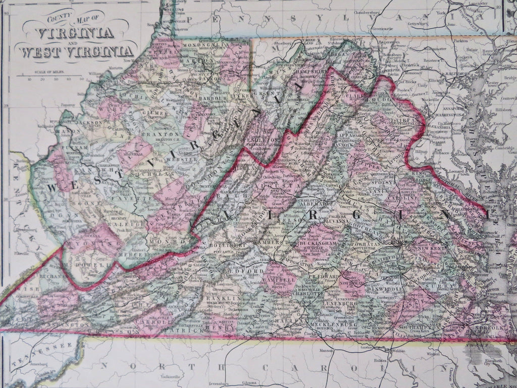 Virginia & West Virginia Richmond Norfolk Charleston 1870 Mitchell map