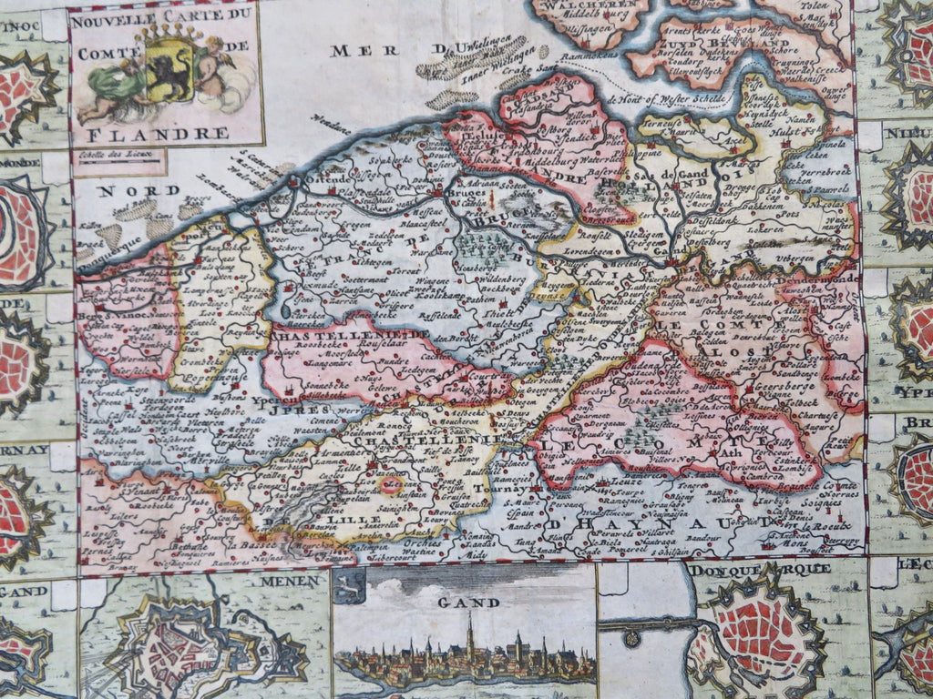 Flanders Ath Ypres Bruges 1708 decorative rare de la Feuille map w/ city plans