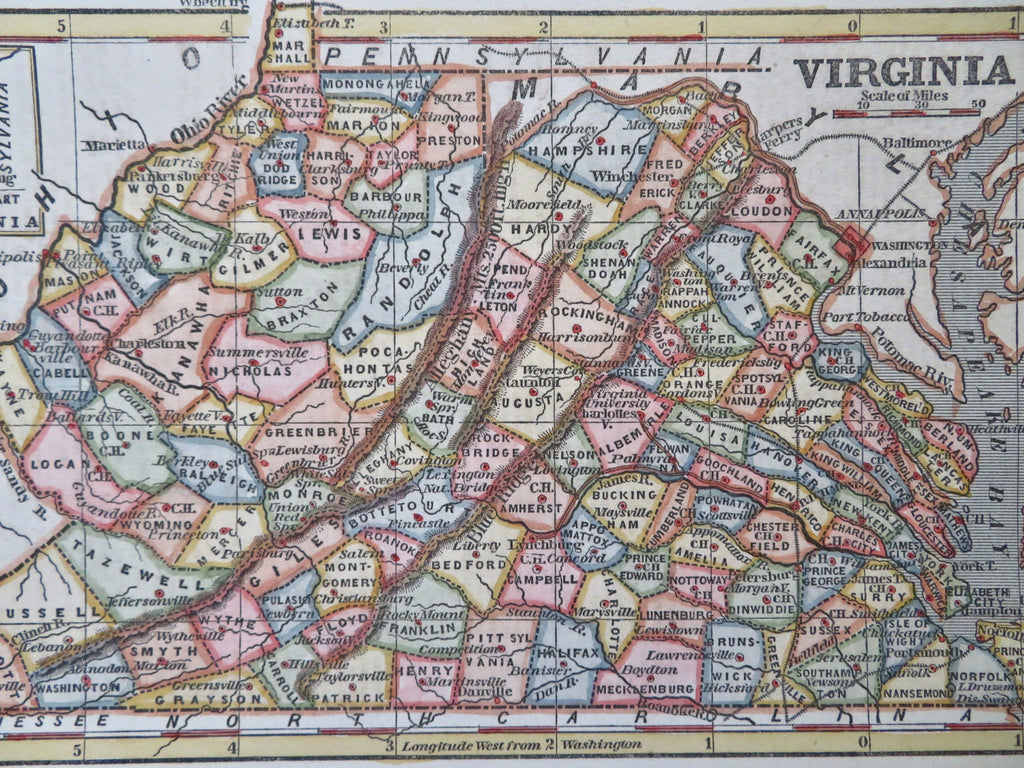 Antebellum Virginia 1853 uncommon detailed hand color state map