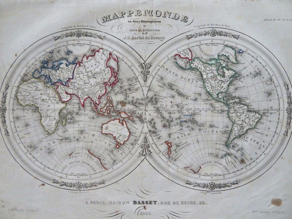 World Map Double Hemispheres decorative 1848 de Bocage & Smith map