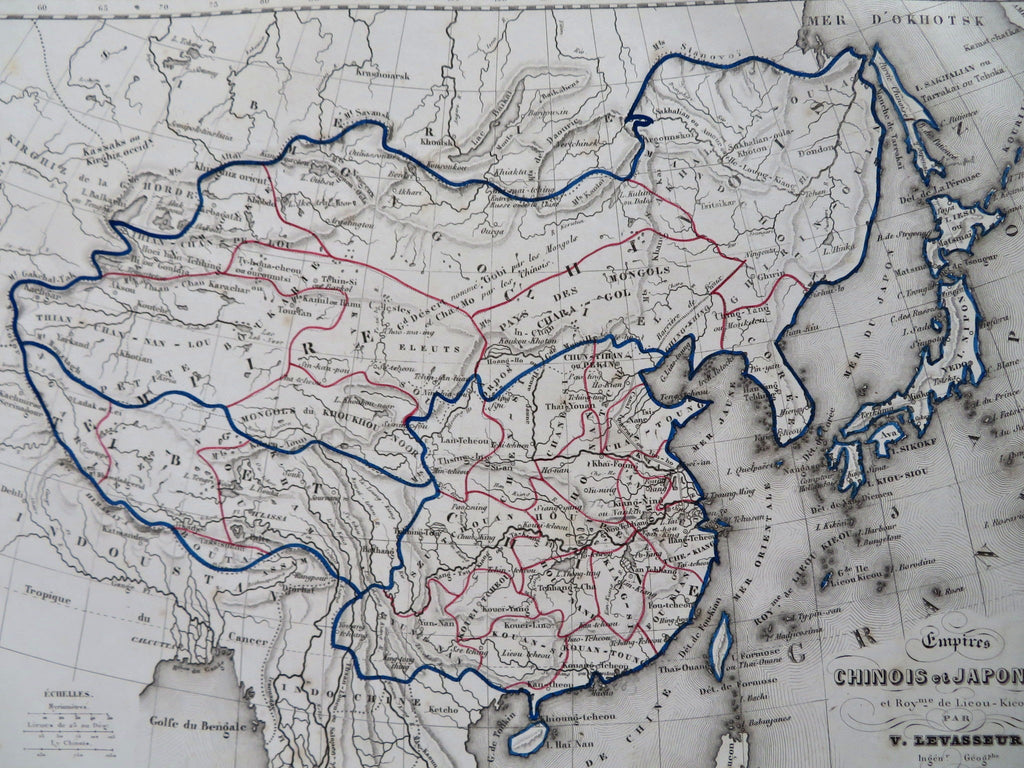 Chinese Empire Mongolia Tibet Korea Japan 1852 Levasseur hand color map