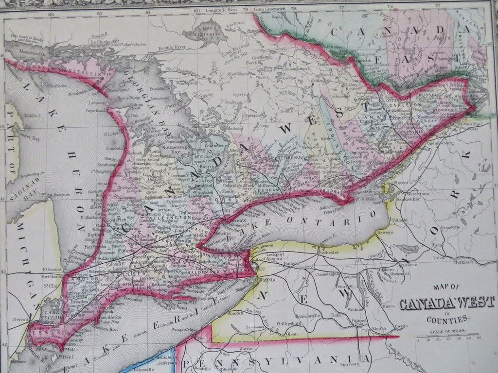 Canada West Great Lakes Ontario Lake Erie Toronto Ottawa 1860 Mitchell map