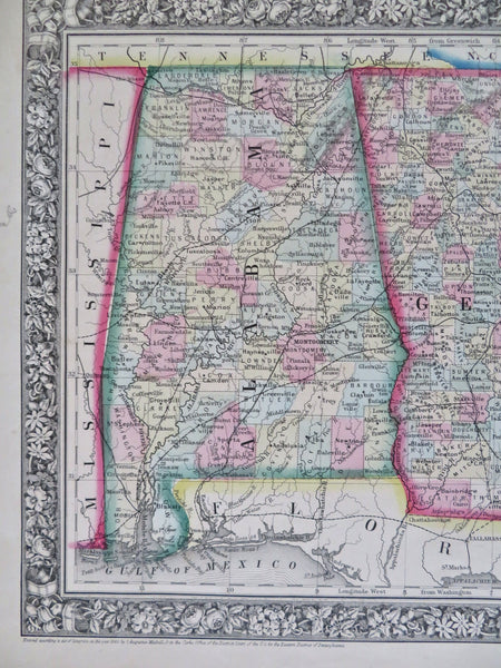 1867 Antique Hand-Coloured outlet Mitchell Map of Georgia and Alabama