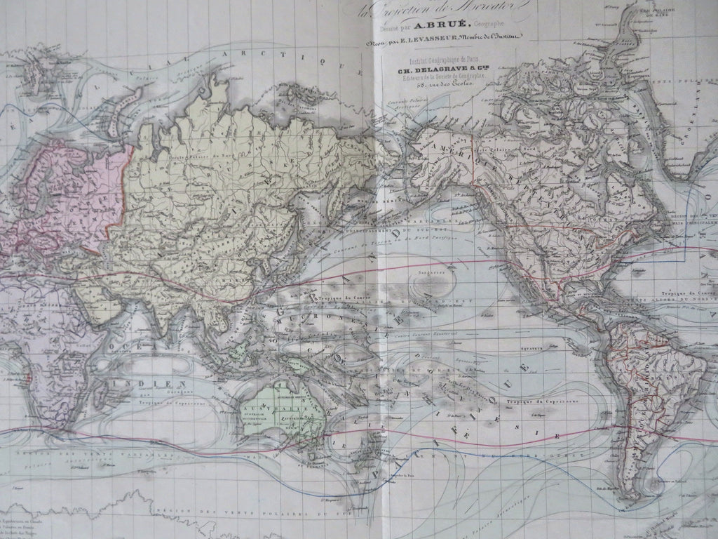 World Map Ocean Currents Icebergs 1875 Brue large hand colored scientific map