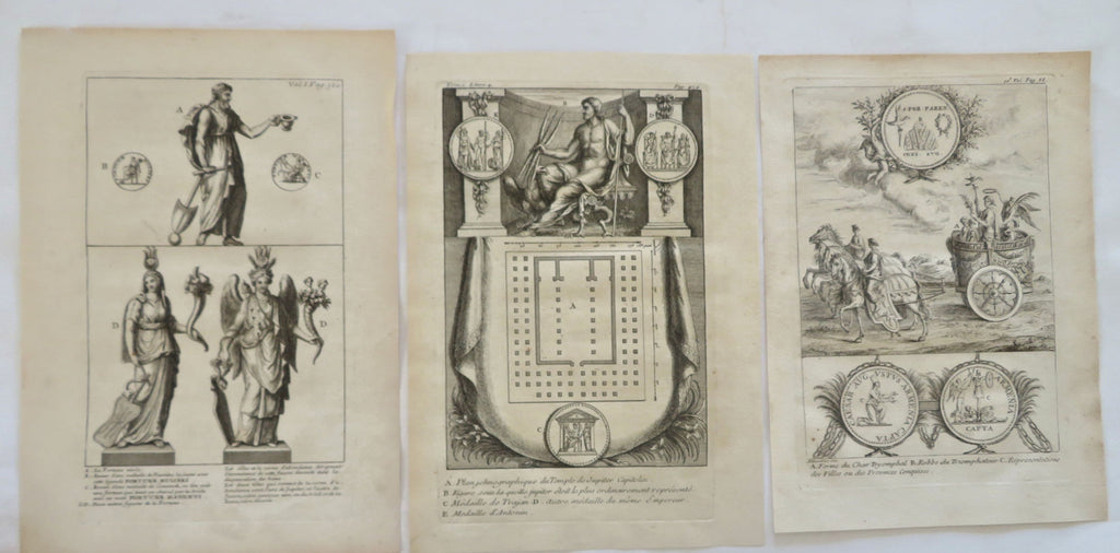 Roman Empire Numismatics Chariot Temple Plan Deities c. 1770's lot x 3 prints