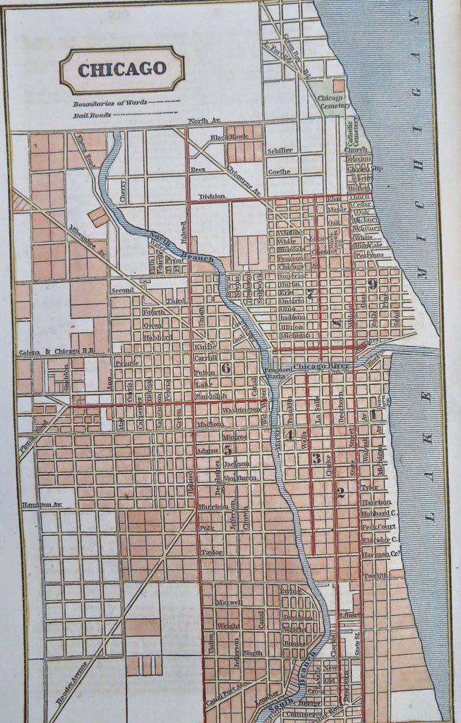 Chicago Illinois City Plan 1853 map Lake Michigan Ward Boundaries Railroads