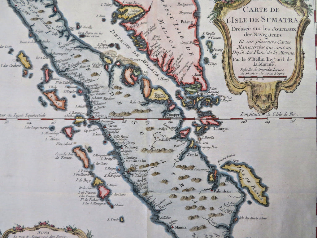 Sumatra Indonesia Padang Medan Binjai 1752 Bellin engraved hand color fine map