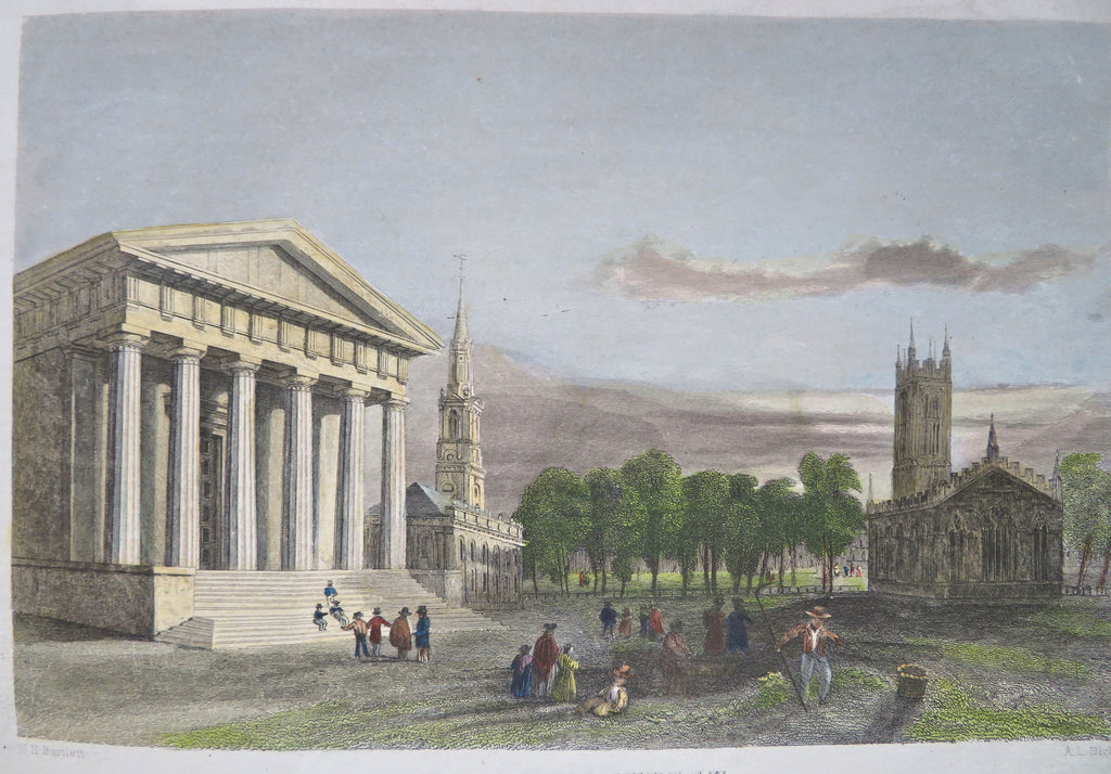 New Haven Connecticut Gothic Church Street Scene c. 1850 engraved print