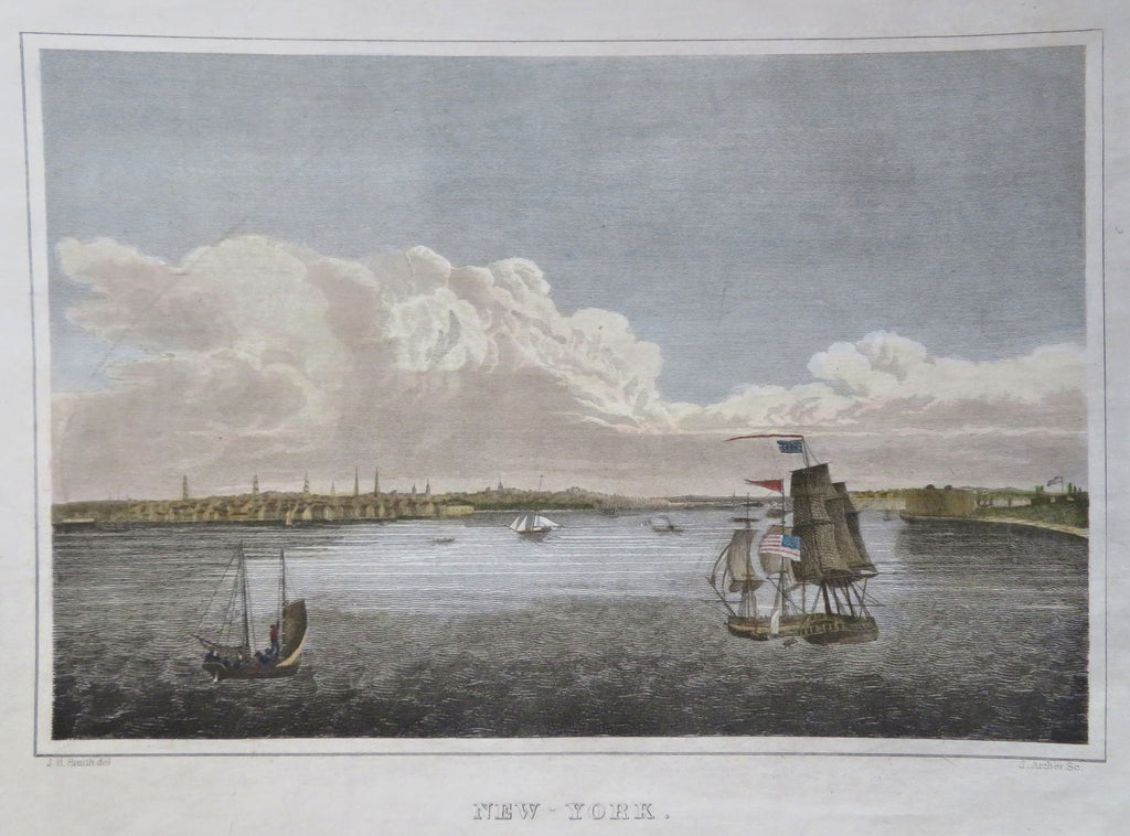 New York City Manhattan Sailing Ships Harbor View 1834 Archer hand color print