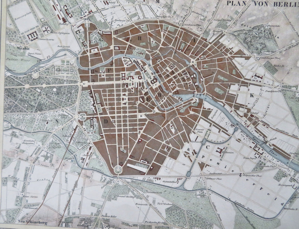 Berlin Germany City Plan Spree River c. 1850's Heck fine hand color engraved map