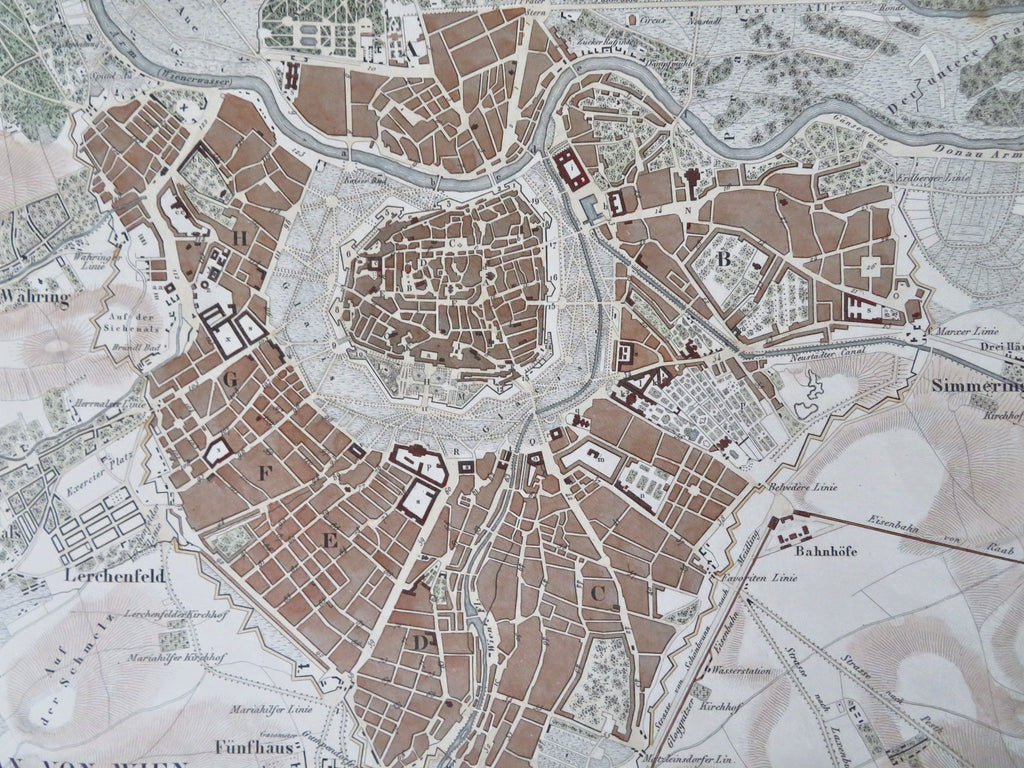 Vienna Austria-Hungary Hapsburg Empire c. 1850's Heck engraved city plan map