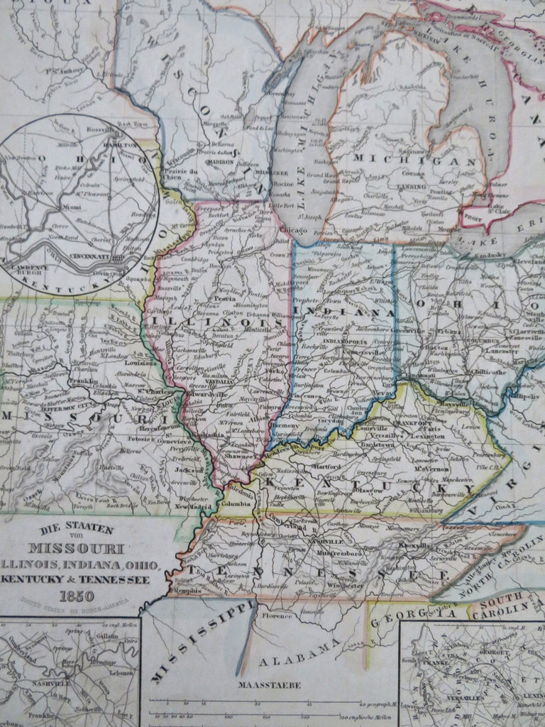 Missouri Illinois Indiana Ohio Kentucky & Tennessee Nashville 1850 scarce map