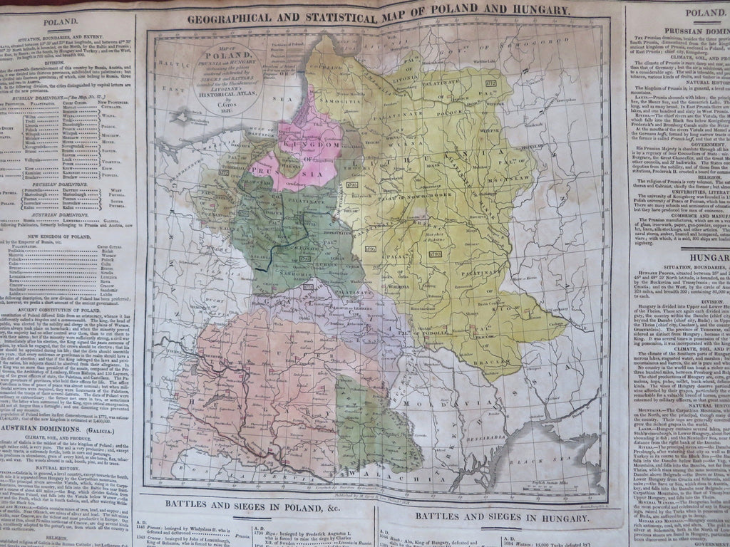 Poland Lithuania Galicia East Prussia 1821 Phila. by M. Carey lg. hand color map