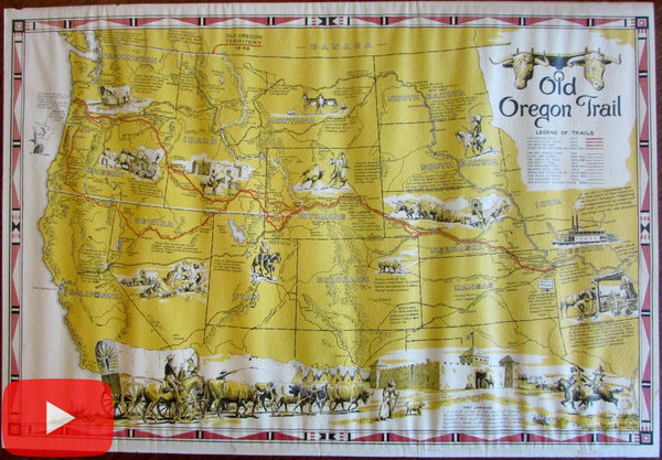 Old Oregon Trail map 1948 cartoon pictorial Shope Indians Wagons Gold