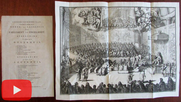 British Parliament large 1741 engraved view print Covens & Mortier Hooge w/ key sheet
