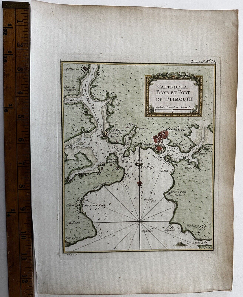 Plymouth England harbor port c.1760 Bellin beautiful antique nautical map